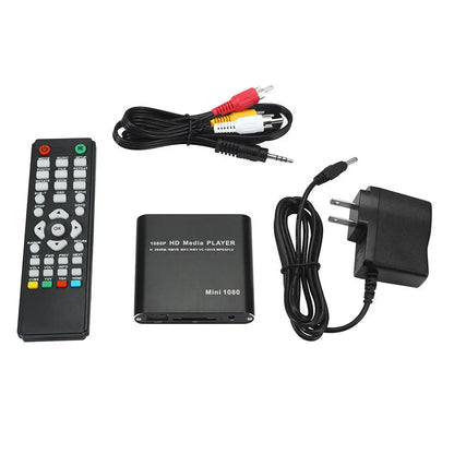 1080p Full HD media player in black metal case with SD card slot, USB port and HDMI output