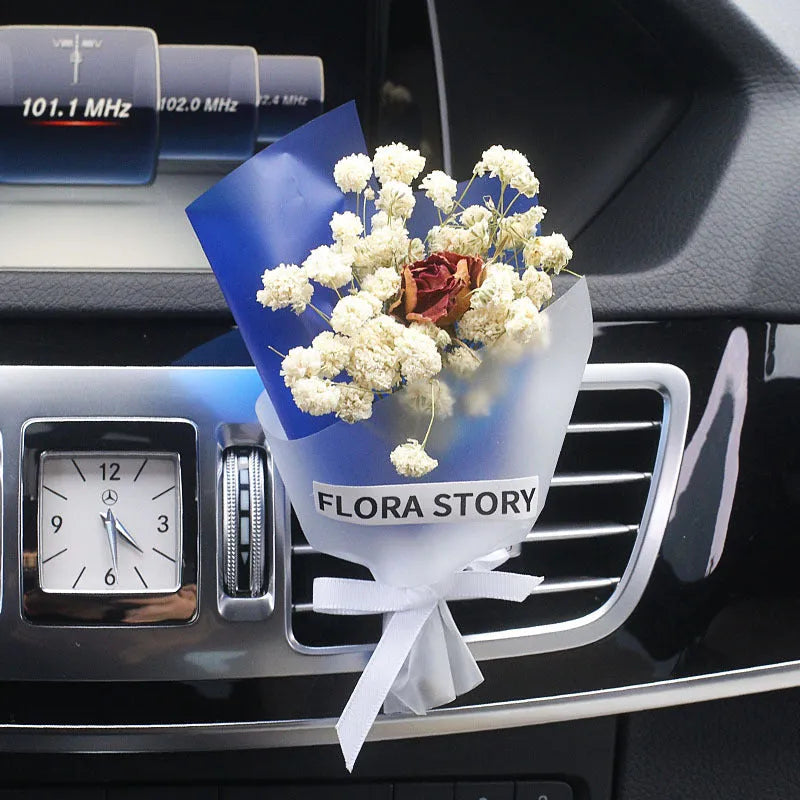 Dried flower car air freshener set with colourful bouquet and fragrance strips for air conditioning vents