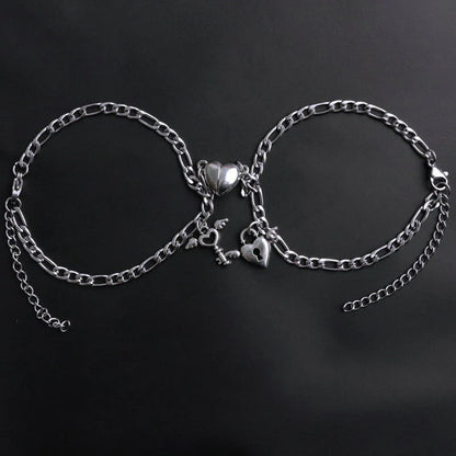 Heart-shaped couple bracelets with adjustable chain, perfect for romantic gifts.