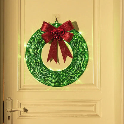 50cm gold and green LED Christmas wreath with fabric bowknot decoration