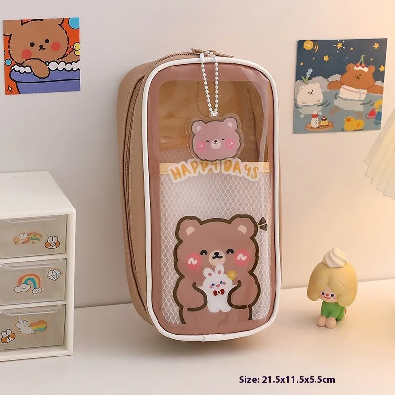 Transparent PVC pencil case with Korean cartoon pattern of candy bear design