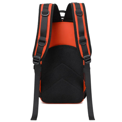 Large orange and black derm outdoor backpack with 20-35L capacity for hiking and camping.