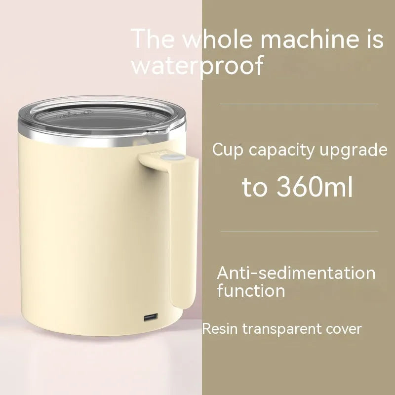 White automatic stirring coffee cup with magnetic base on a wooden table, showing simple solid-colour design.
