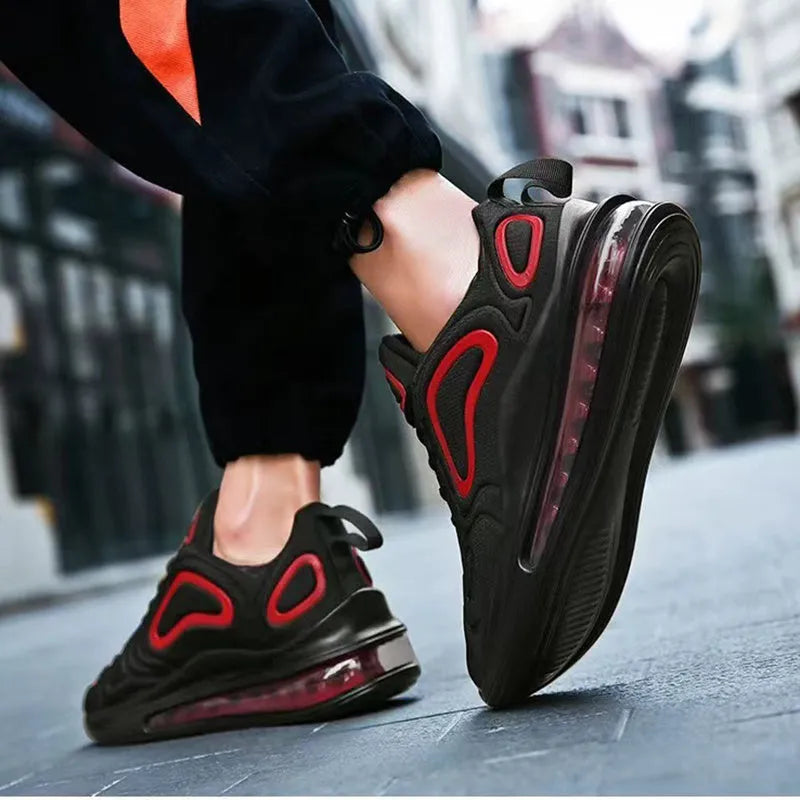 Men's black casual air cushion sneakers with lace-up front and thick sole