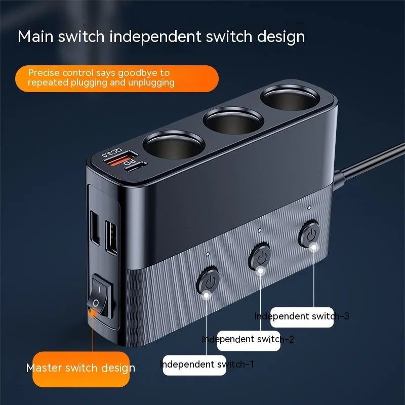 Black vehicle cigarette lighter charger with multiple USB ports and 1m cable