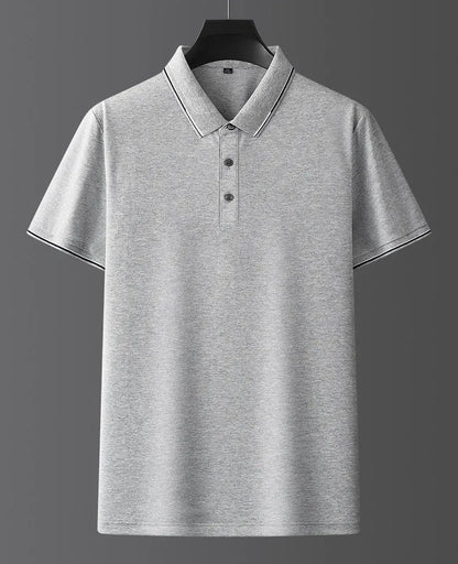 Men's mulberry silk short sleeve shirt in a solid colour on a hanger, showing regular fit and thin fabric for summer