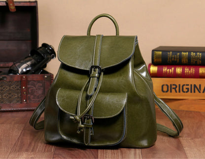 Korean style cowhide leather backpack in black with front sandwich pockets and internal organisation compartments