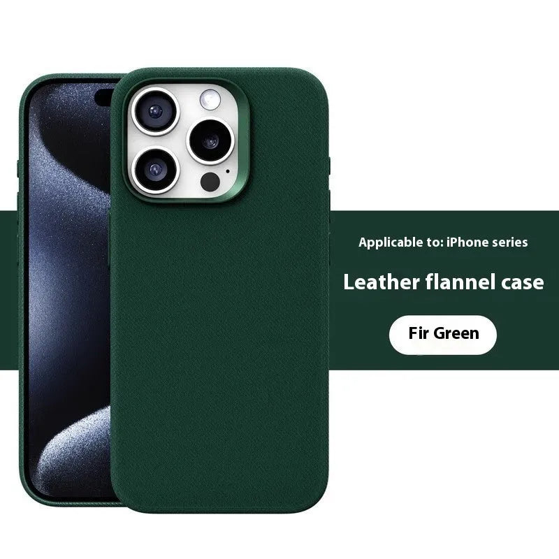 Leather flannel magnetic phone case for iPhone in silver gray, light blue, black, dark purple, bean green, fir green, orange, dark blue with frosted finish