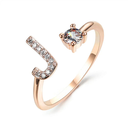Personalized Initial Letter Crystal Ring with Adjustable Design in Gold, Silver, and Rose Gold Colors