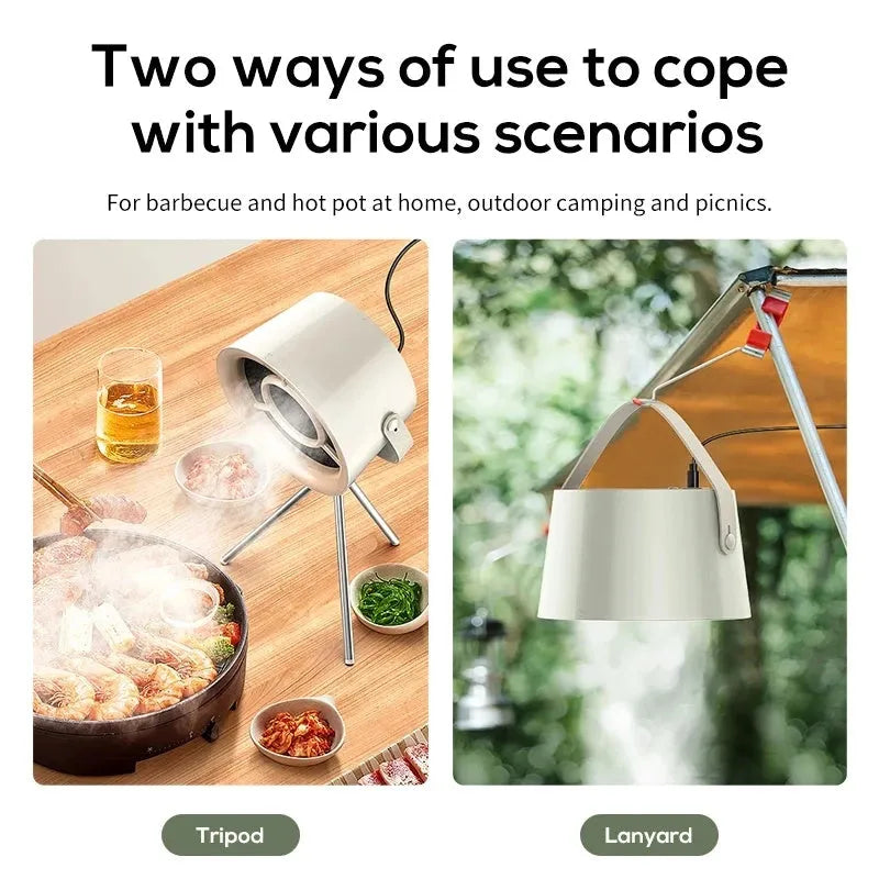 2024 portable desktop exhaust fan in Milky White colour with USB cable and tripod, dimensions 180x108x420mm