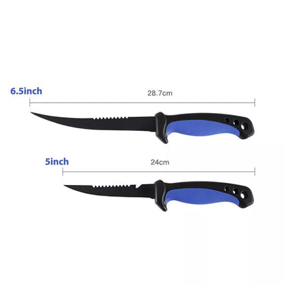Navy blue stainless steel fishing knife with protective cover for safe storage