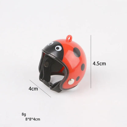 Small hard plastic helmet with elastic straps and sponge lining, designed for a chicken or bird to wear.