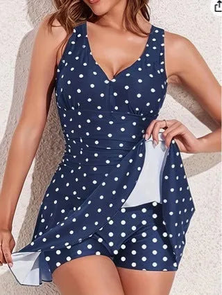 Women's blue polka dot print plus size swimsuit with skirt and separate bikini top