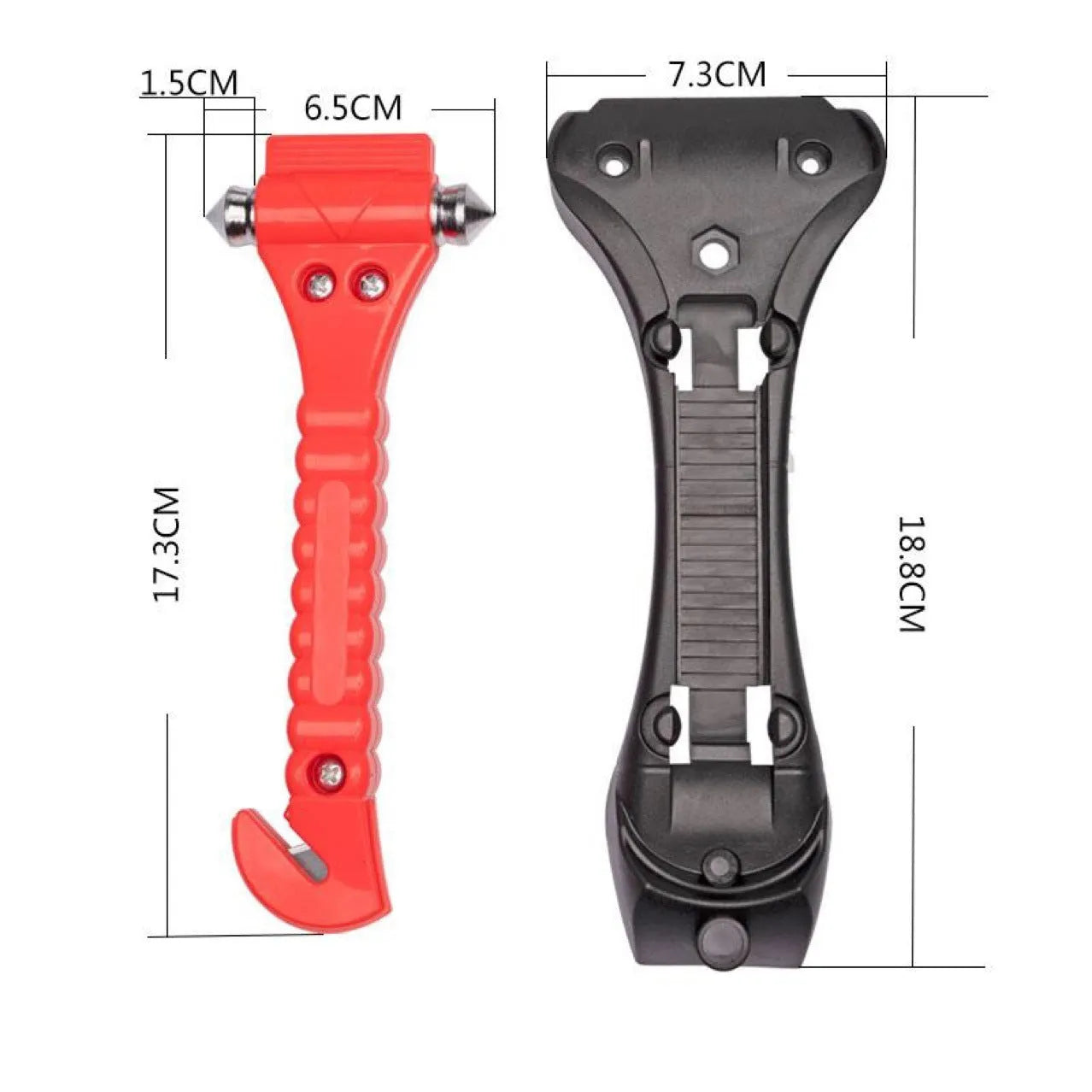 Red two-in-one car safety hammer with seatbelt cutter and window breaker on a white background.