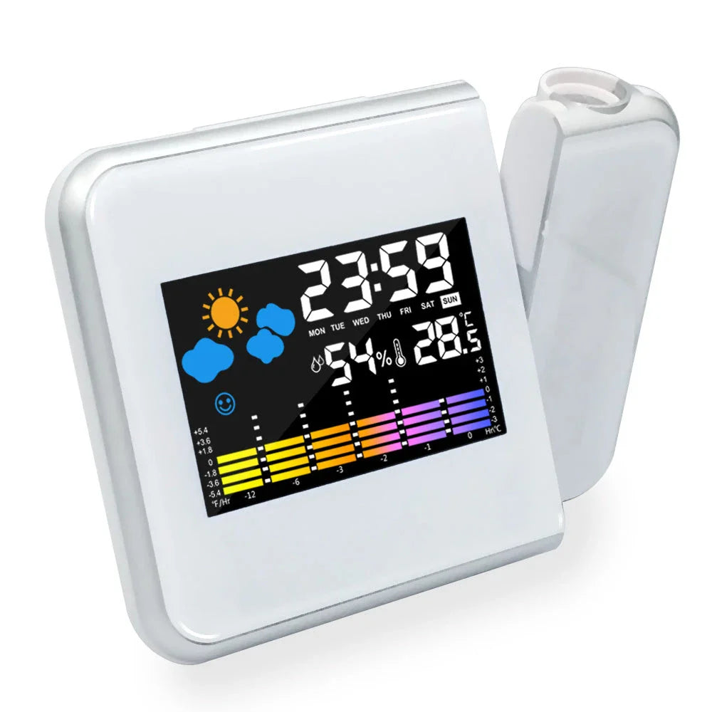 Multifunctional digital weather station alarm clock with time projection, temperature and humidity display, and weather forecast