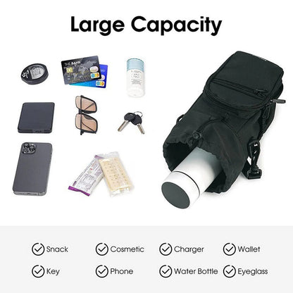 Black cloth crossbody water bottle pouch bag holding a reusable flask.