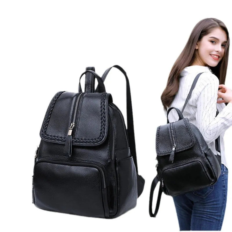 Blue genuine leather women's backpack with external sandwich pocket and internal organiser compartments