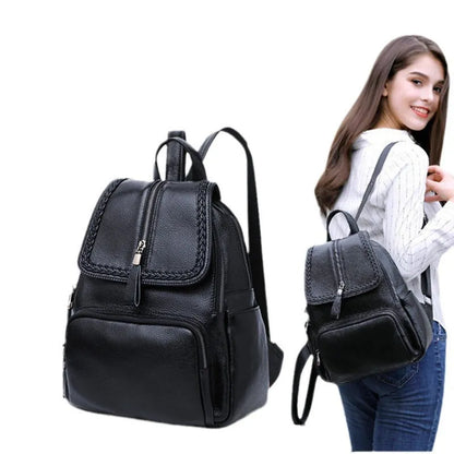 Blue genuine leather women's backpack with external sandwich pocket and internal organiser compartments