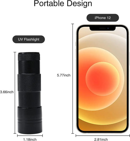 Black aluminium alloy UV flashlight torch for detecting pet urine stains and bed bugs.