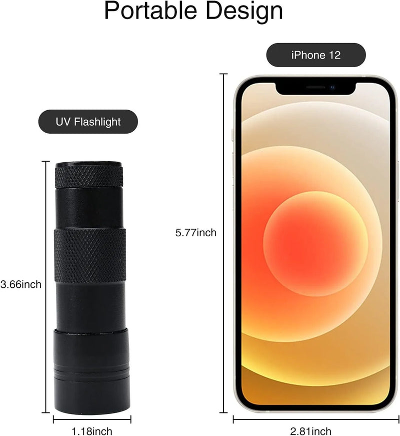 LED UV Flashlight Torch 395-400NM Blacklight Pet Urine Stain Dog Bed Bug Scorpion Detector Handheld Mini Light 9.8cm Length Aluminum Alloy Waterproof Black Silver Battery Powered