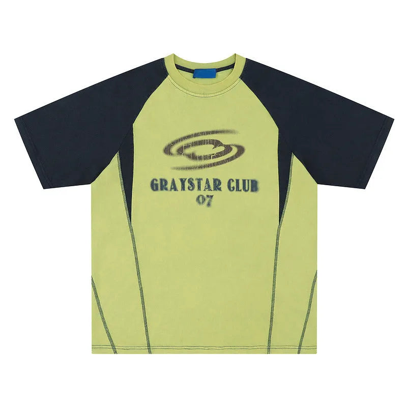 A blue men's hip hop letter print T-shirt with raglan sleeves on a hanger.