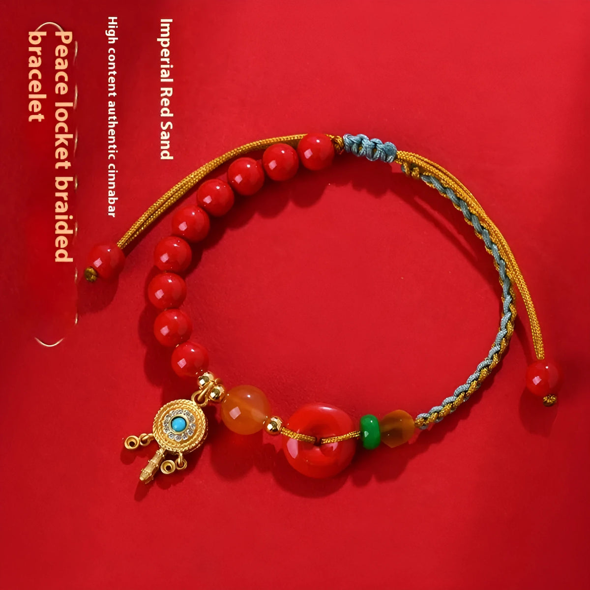 Hand-woven cinnabar peace blessing bracelet in emperor red sand colour with geometric design