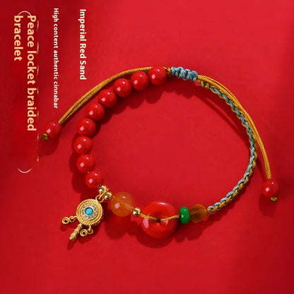 Hand-woven cinnabar peace blessing bracelet in emperor red sand colour with geometric design