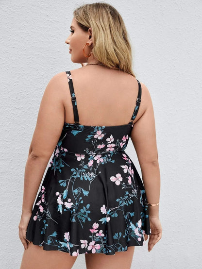 Women's floral print one-piece swimsuit in split colours with high elasticity fabric