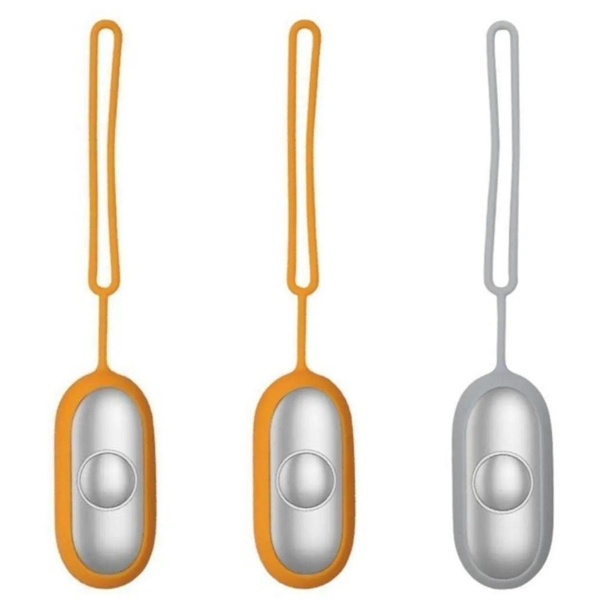 Hand-held micro-current sleep aid device in grey, green, or orange with round button and USB charging port