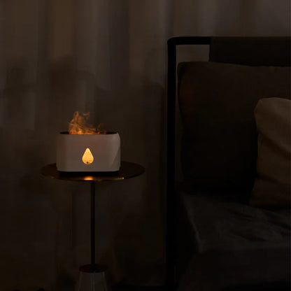 Mini remote control flame diffuser air humidifier, round plastic USB unit with 2-8 hour timer, shown in white, pink, green or grey