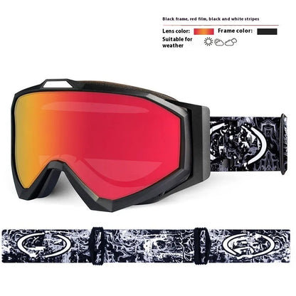 Motorcycle goggles with double-layer anti-fog lens and coloured TPU frame on a storage cloth bag.