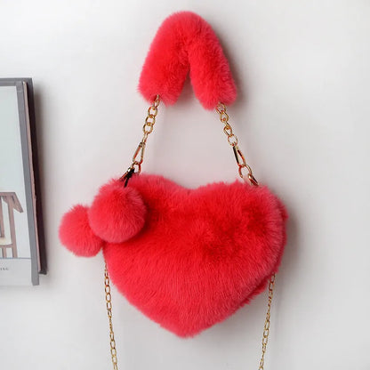 Plush heart-shaped women's handbag in medium size with removable shoulder strap