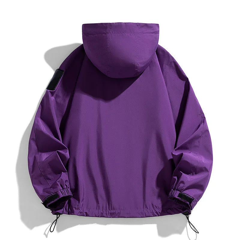 Men's black windproof waterproof hooded coat with polyester fibre, regular length, long sleeves, sizes up to 8XL