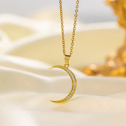 Titanium steel necklace for women with copper pendant, O-ring chain, gold or steel colour, heart or crescent moon design