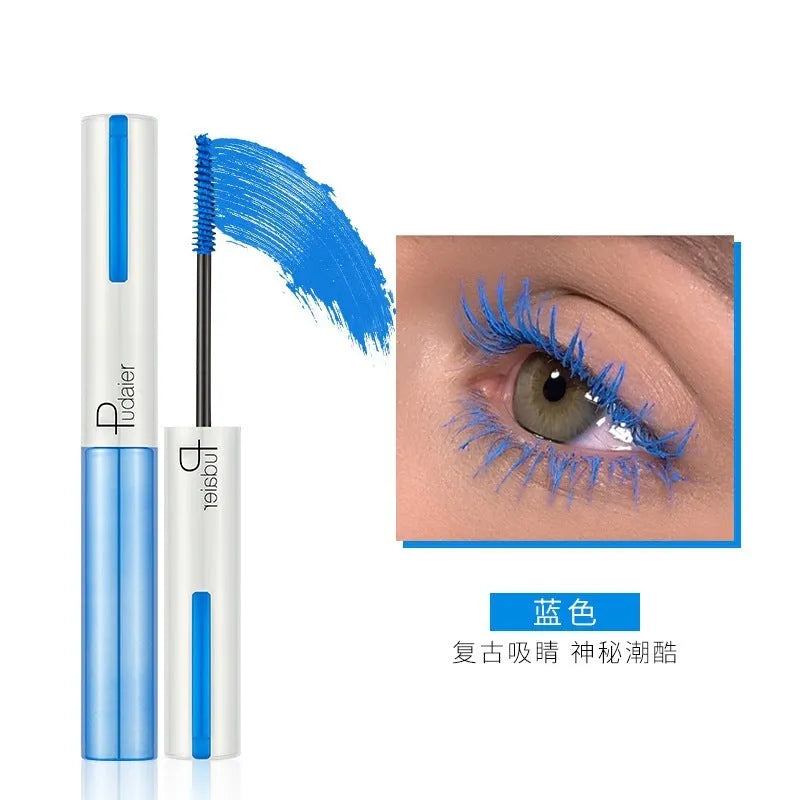 Black waterproof mascara tube with applicator showing curled lash effect