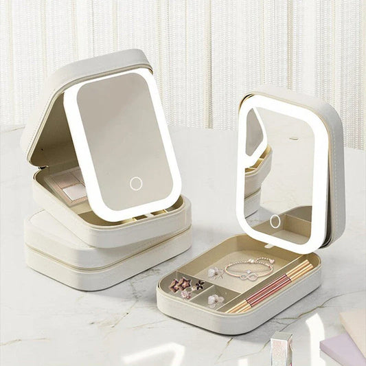 Elegant lighted makeup organizer with adjustable LED mirror, compact storage compartment, and touch-sensitive brightness control