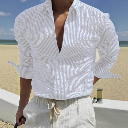 Long sleeve striped shirt with lapel collar on a hanger, shown in a blue colour option.