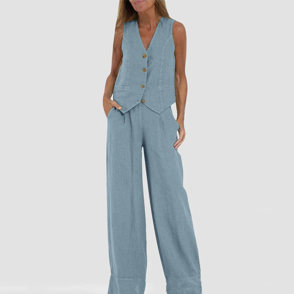 Chic sleeveless top and relaxed trousers set for women in various colors and sizes