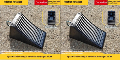 Portable car anti-slip retainer wedge with isosceles triangle design on a ramp.