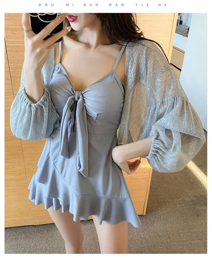 Women's long sleeve one-piece swimsuit set in solid grey with milk silk fabric and polyester lining, sizes S to 3XL