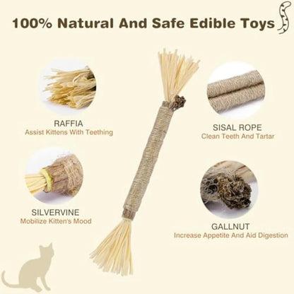 Natural silvervine chew sticks for cats with sisal rope for dental care, showing thick and fine diameter options