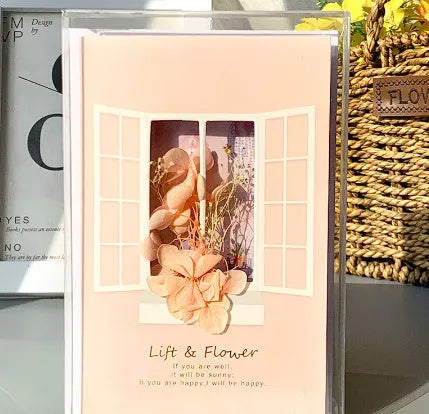 Handmade 3D butterfly greeting card with stand-up artificial flowers on coated paper, 16x10.5cm