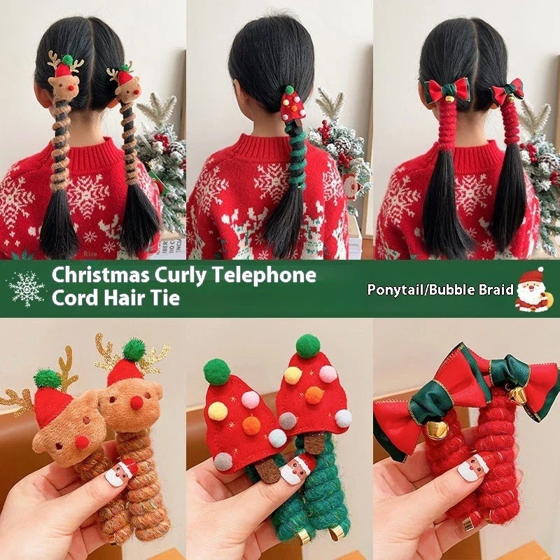 Festive Christmas-themed hair ties with cute designs like bells, trees, and reindeer for kids