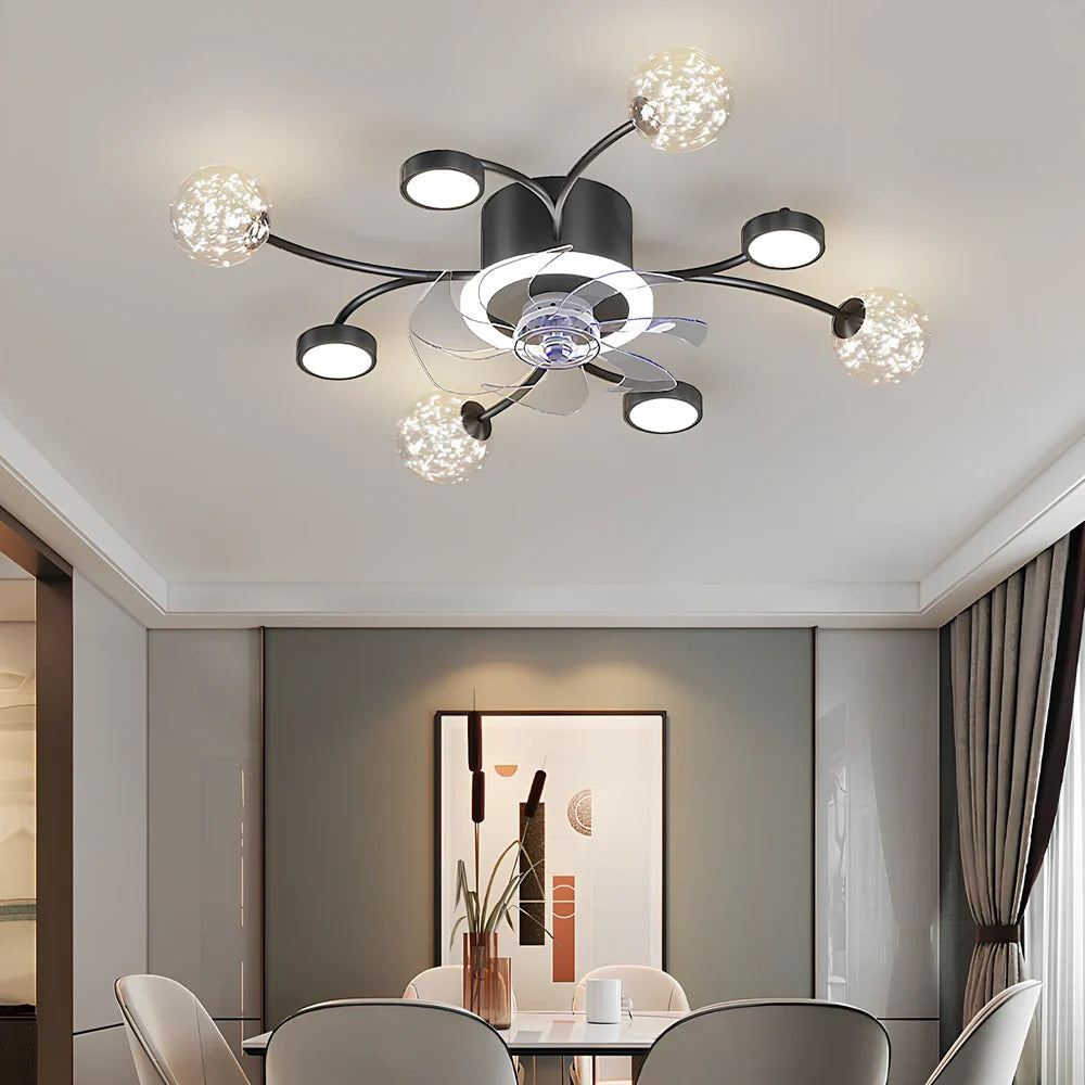 Modern ceiling fan lamp with circular PMMA shade and remote control in black or gold finish