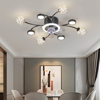 Modern ceiling fan lamp with circular PMMA shade and remote control in black or gold finish