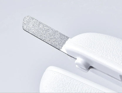 White LED pet nail clippers with a transparent safety guard and a nail file on a grey background.