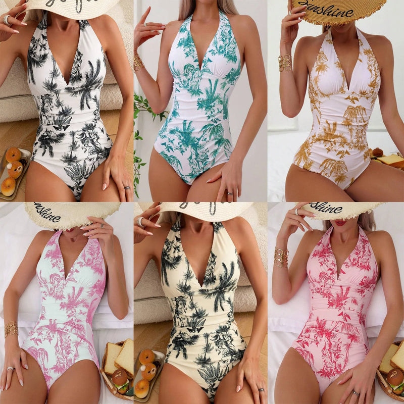 Women's printed V-neck one-piece swimsuit in polyester with lining, available in sizes S to XXL and seven colour options including black coconut tree, apricot, emerald, turmeric, pink, glittering pink and rose red for adult female swimmers