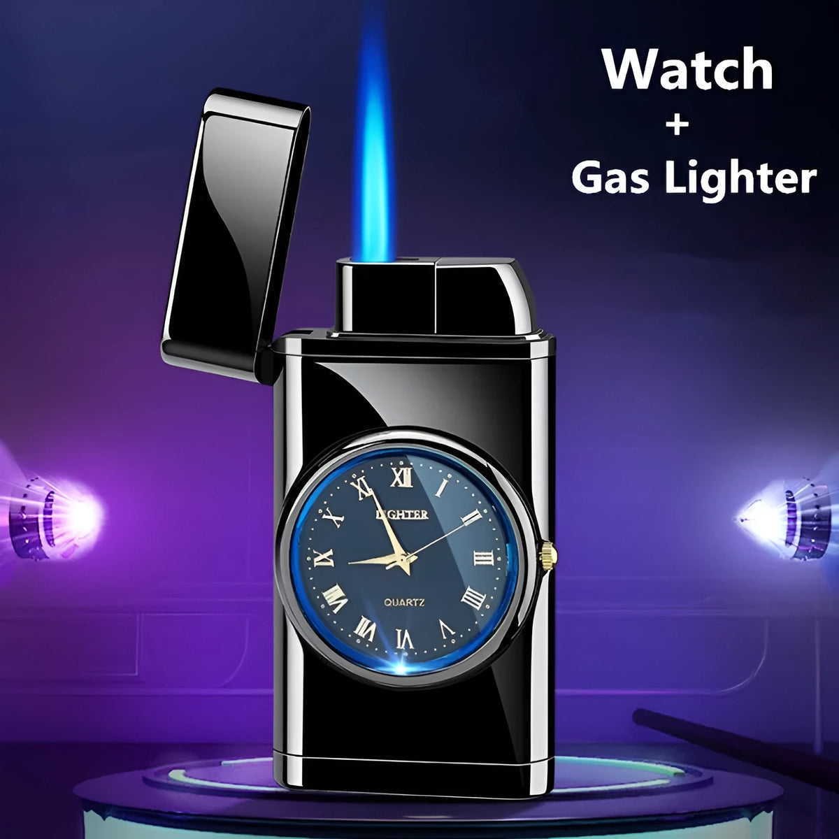 Multifunctional electronic watch lighter in black brushed metal showing watch face and ignition button.