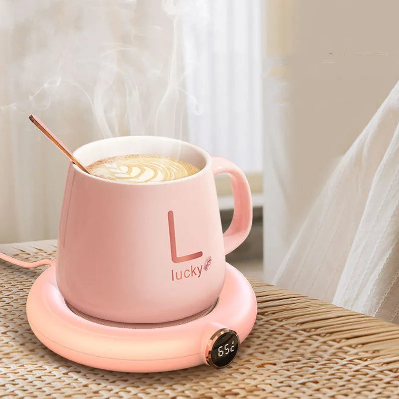 White USB coffee mug warmer coaster on desk with dimensions 130x110mm