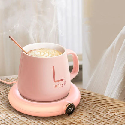 White USB coffee mug warmer coaster on desk with dimensions 130x110mm